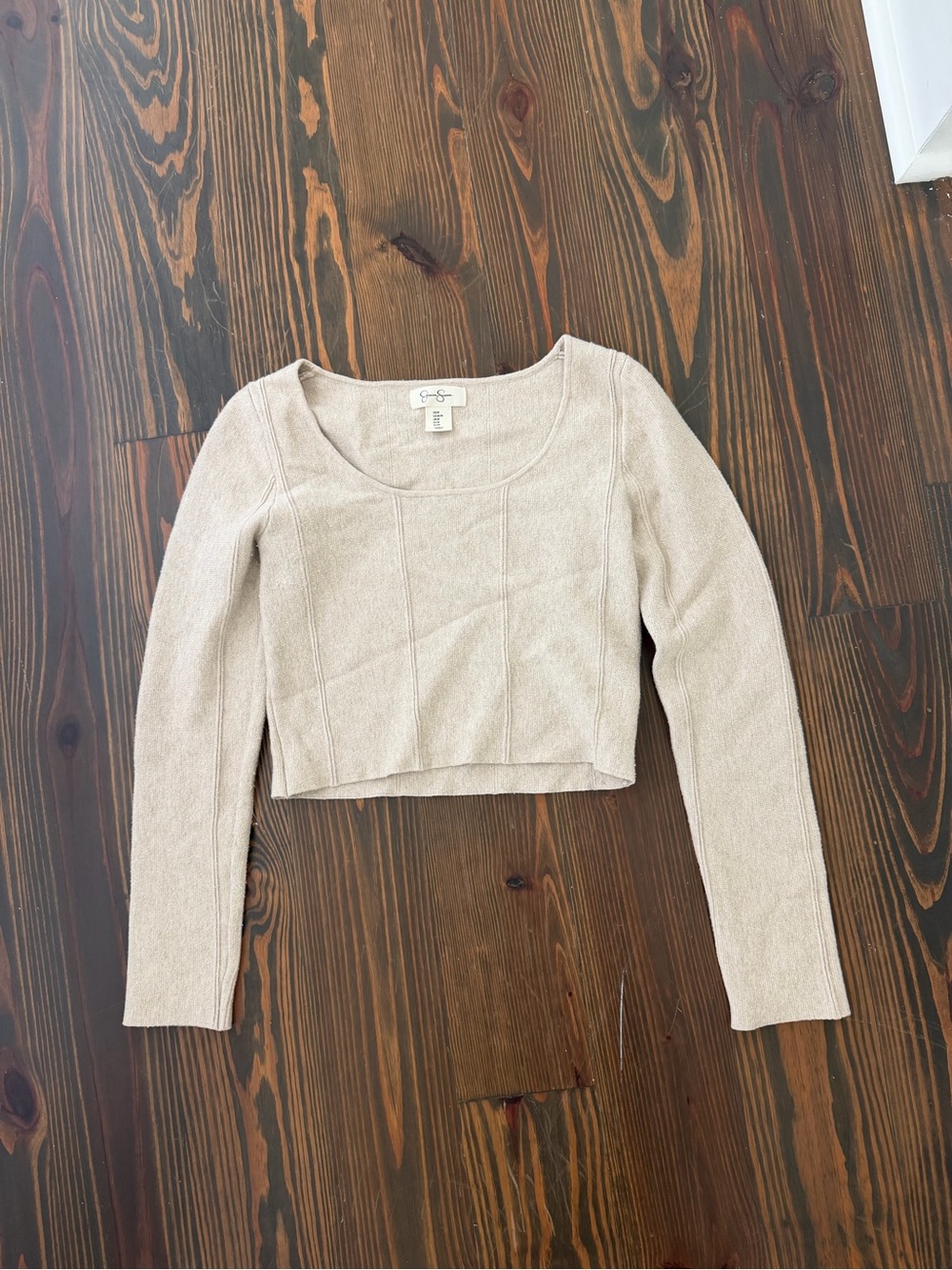 Beige Ribbed Long-Sleeve Crop Top